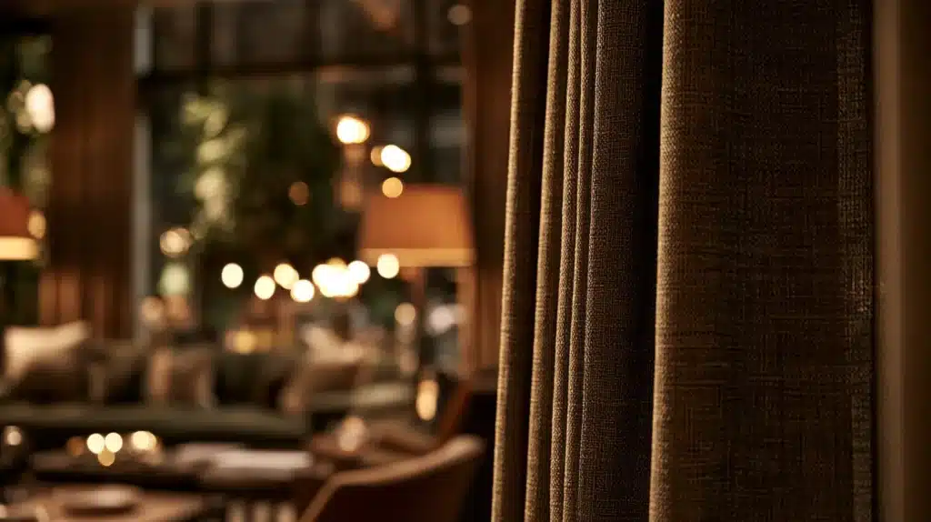 Nærbillede af brune loungegardiner med tydelig stofstruktur foran en varmt belyst lounge.