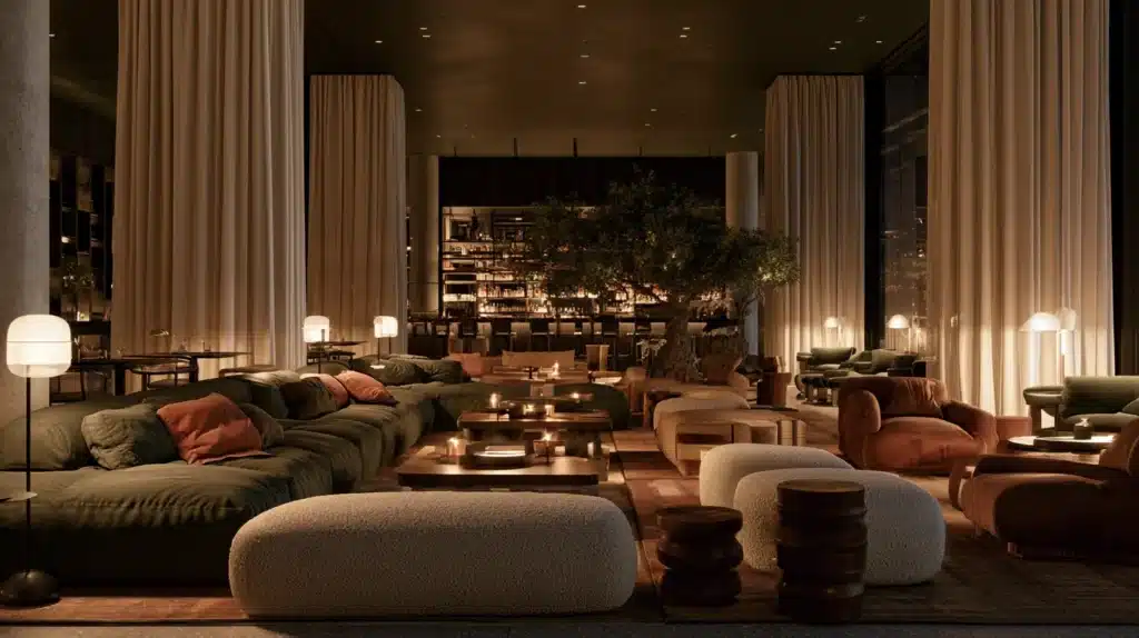 Elegant loungeområde om aftenen med lange lyse gardiner, sofaer, borde og dæmpet belysning.