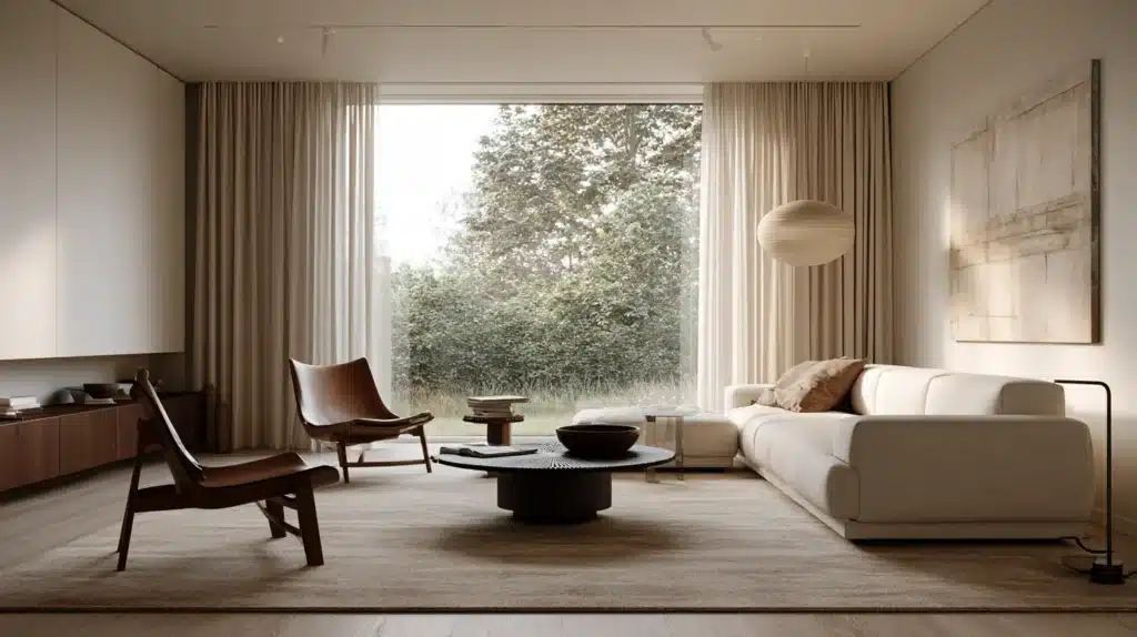 Moderne lys stue med beige loungegardiner ved et stort vindue og udsigt til træer udenfor.