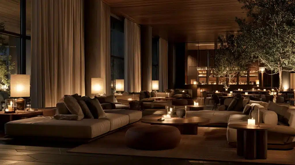 Stemningsfuld restaurantlounge om aftenen med lange beige gardiner, sofaer og varm belysning.