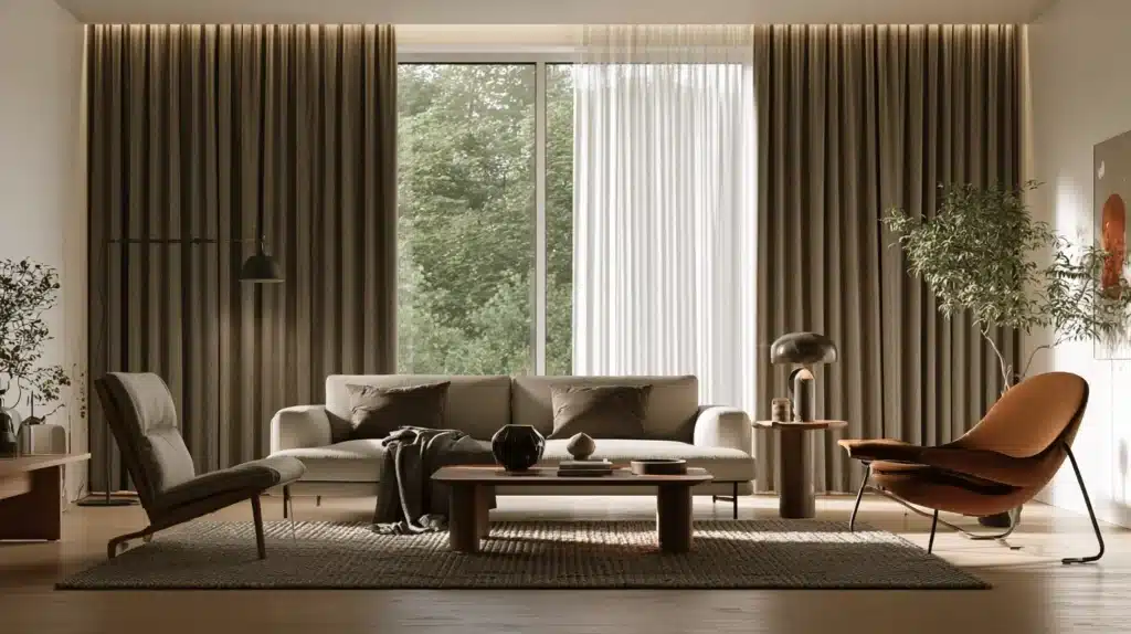 Lys stue med mørke loungegardiner omkring store vinduer og et lyst, moderne møblement.