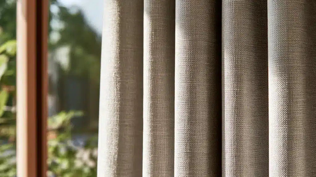 Nærbillede af lyse beige gardiner med tydelig vævet stofstruktur foran et vindue.