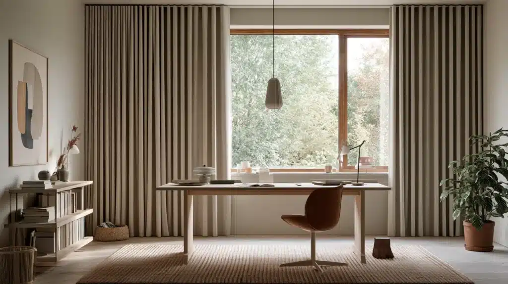Lyst hjemmekontor med lange beige gardiner foran et stort vindue, skrivebord og kontorstol.