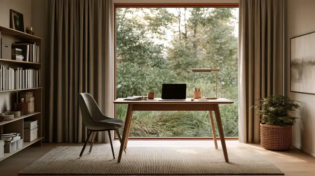 Hjemmekontor med mørkbeige gardiner omkring et stort vindue, skrivebord, stol og bogreol.