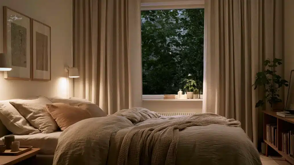 Soveværelse med beige gardiner omkring et vindue, en seng og varmt aftenlys.