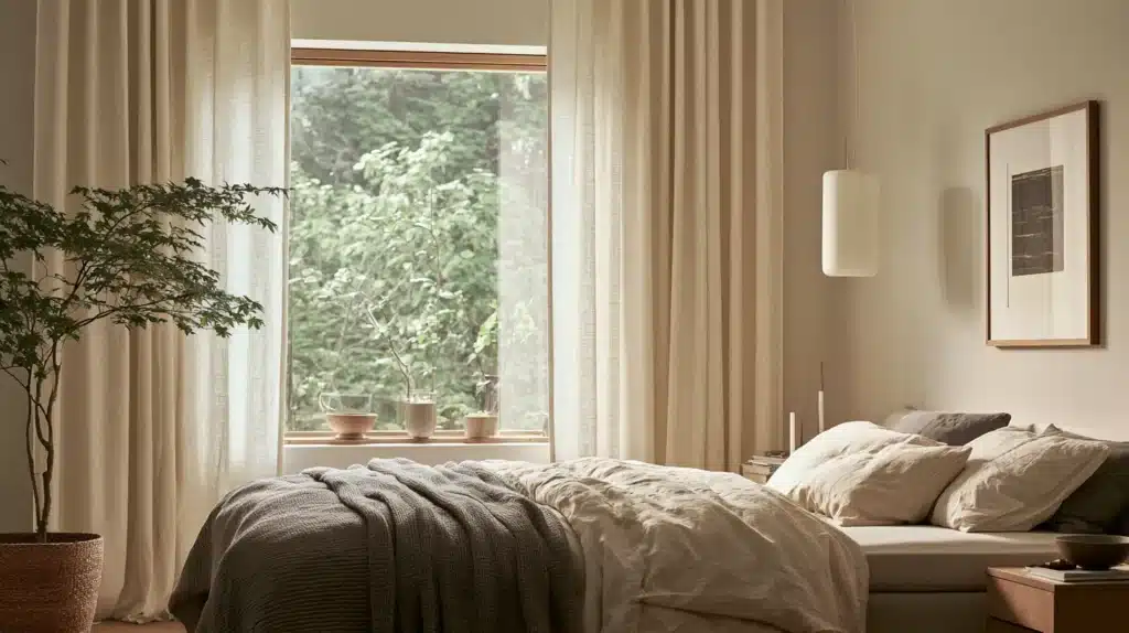 Soveværelse med lyse beige gardiner omkring et stort vindue, seng og grønne planter.