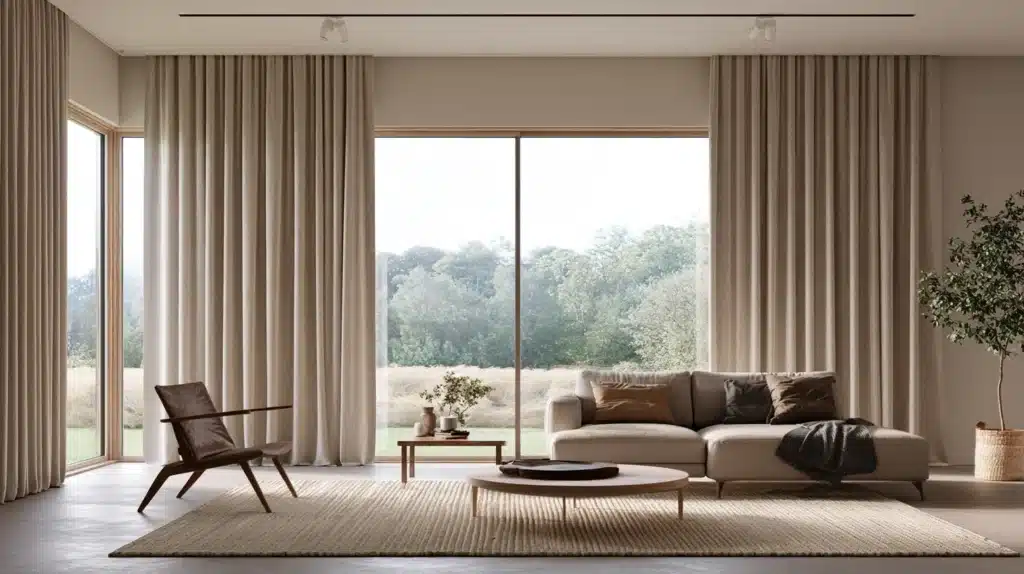 Moderne stue med lange beige gardiner langs store vinduespartier, sofa, lænestol og sofabord.