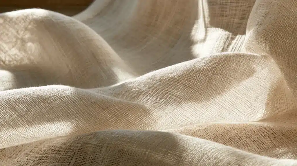 Detalje af lyst gardinstof med tydelig vævet struktur og bløde bølger i stoffet.