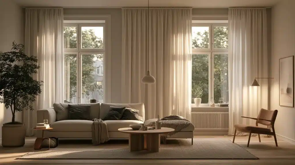 Lyse gardiner hænger foran høje vinduer i en rolig stue med sofa, lænestol og træmøbler.