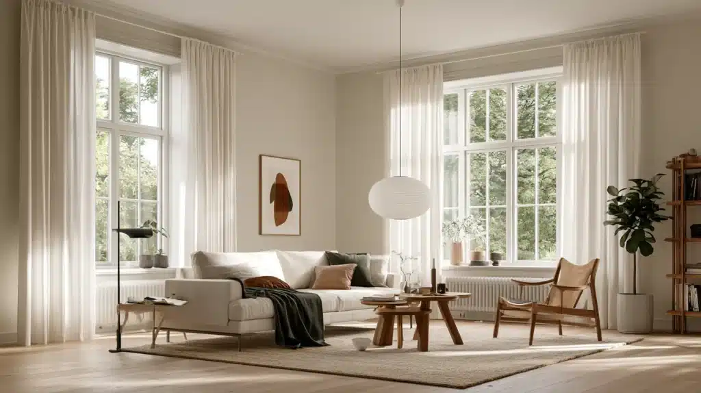 Lyse gardiner dækker høje vinduer i en moderne stue med sofa, sofabord og lænestol.