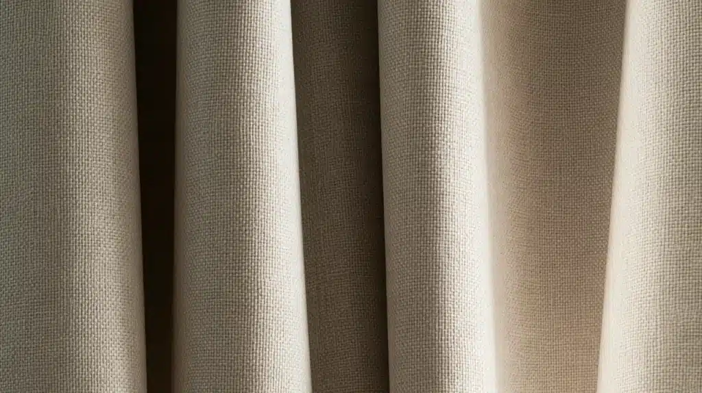 Nærbillede af lyse beige gardiner med synlig vævning og bløde folder.