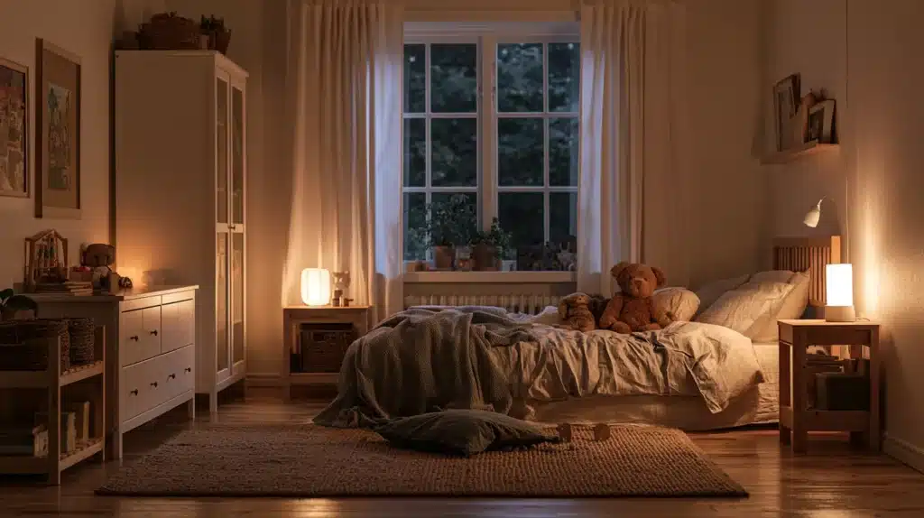 Soveværelse om aftenen med lyse gardiner, seng og varm belysning.