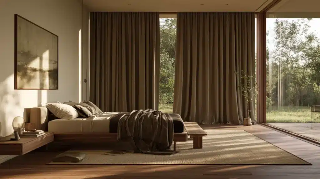Moderne soveværelse med mørke beige gardiner foran store glaspartier med udsigt til træer.