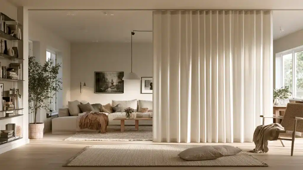 Beige panelgardiner hænger foran et stort vinduesparti i en lys stue med sofa, tæppe og træmøbler.