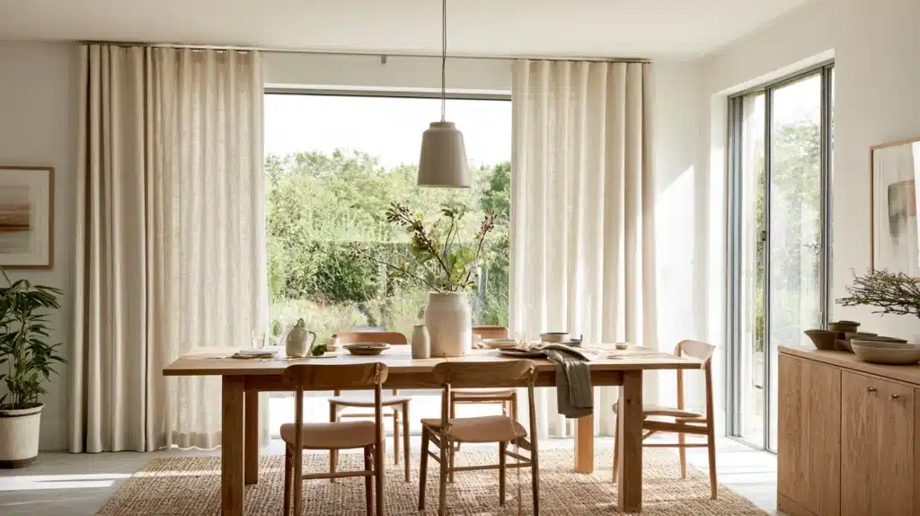 Lyse panelgardiner ved vinduerne i en indbydende spisestue med træmøbler og udsigt til grønne omgivelser.