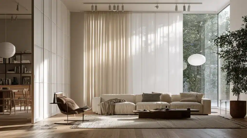 Lyse panelgardiner i en moderne stue med store vinduer, sofa, loungestol og naturligt dagslys.
