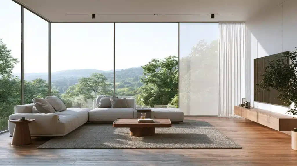 Lyse, transparente panelgardiner ved store vinduer i en moderne stue med sofa og udsigt over et grønt landskab.