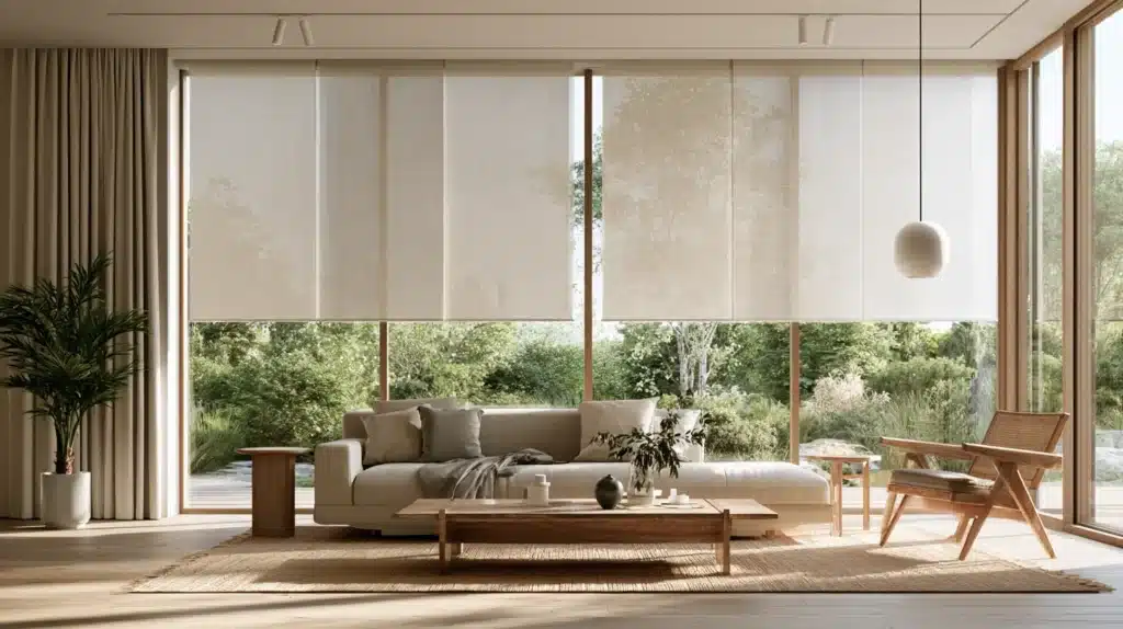 Transparente panelgardiner foran store vinduer i en moderne stue med sofa, sofabord og udsigt til grønne omgivelser.