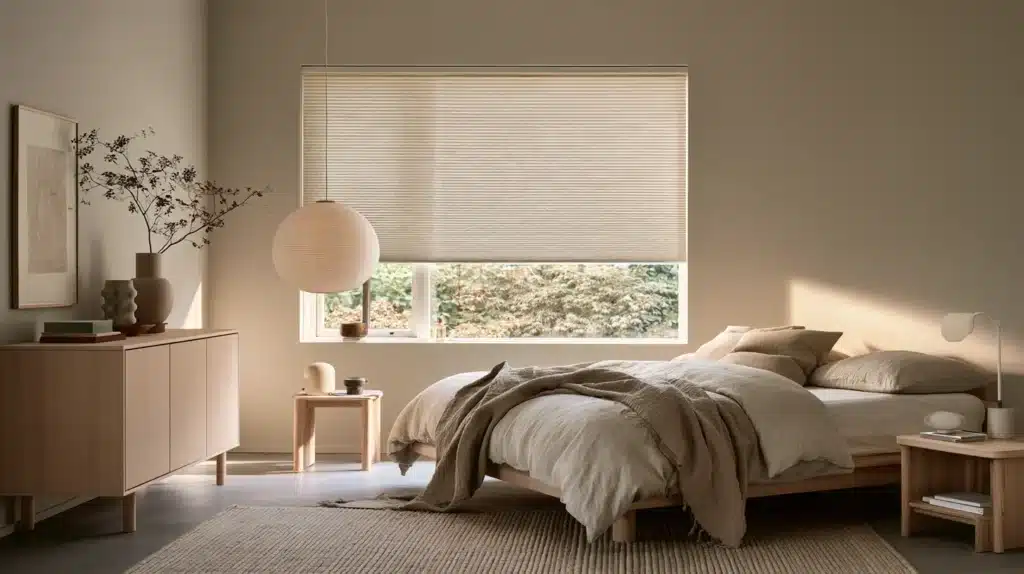 Lyst soveværelse med et beige plisségardin foran vinduet og en stor seng.