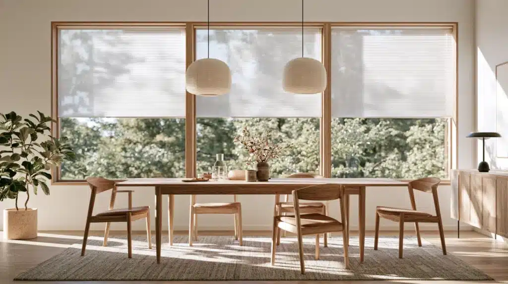 Lys spisestue med beige plisségardiner foran store vinduer og et spisebord i træ.