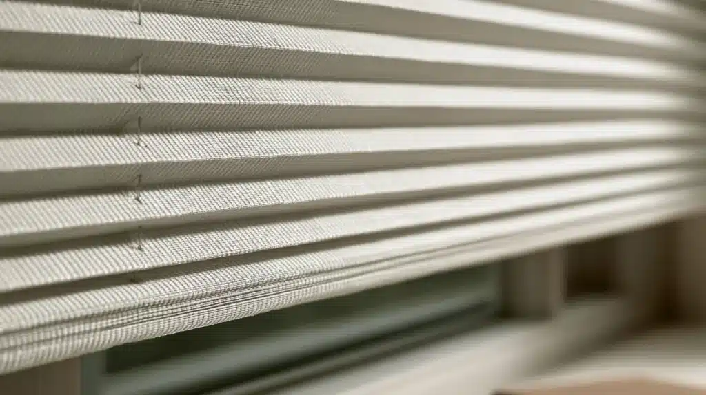Nærbillede af det tekstile materiale og de vandrette folder i et lyst plisségardin.