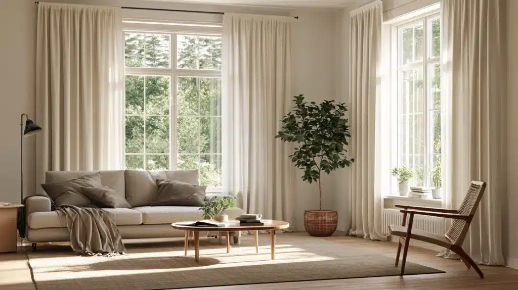 Lyse gardiner i en stue med store hjørnevinduer, sofa, plante og lænestol.