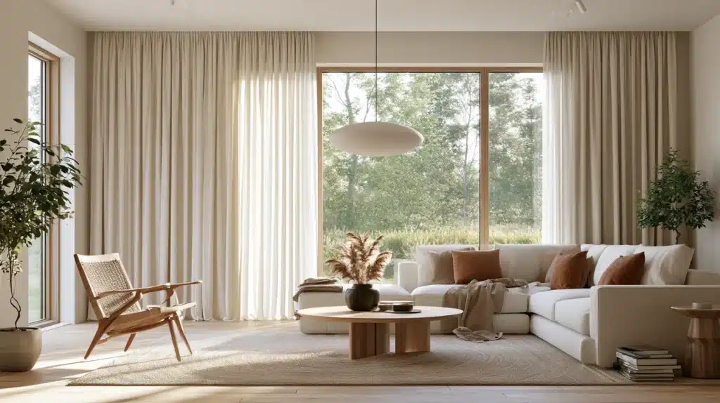Lyse gardiner fra gulv til loft i en stue med stor vinduesflade, sofa og lænestol.