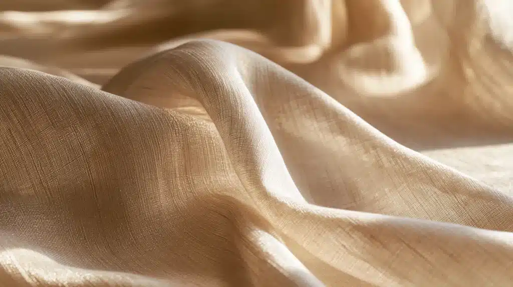 Nærbillede af lyst beige silkestof med bløde folder og et varmt, naturligt skær.