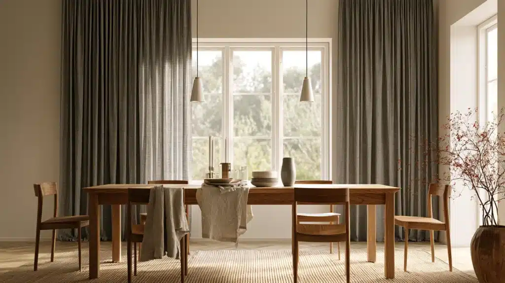 Elegant spisestue med mørke, lange gardiner omkring et stort vindue og et træbord.