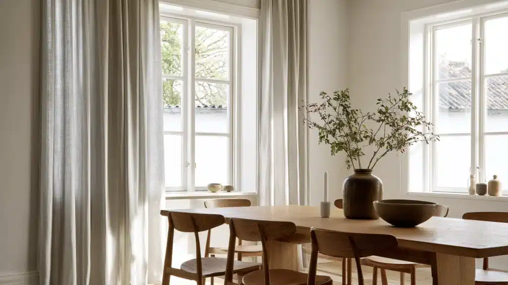 Lys spisestue med lange, lyse silkegardiner ved store vinduer og et træbord.
