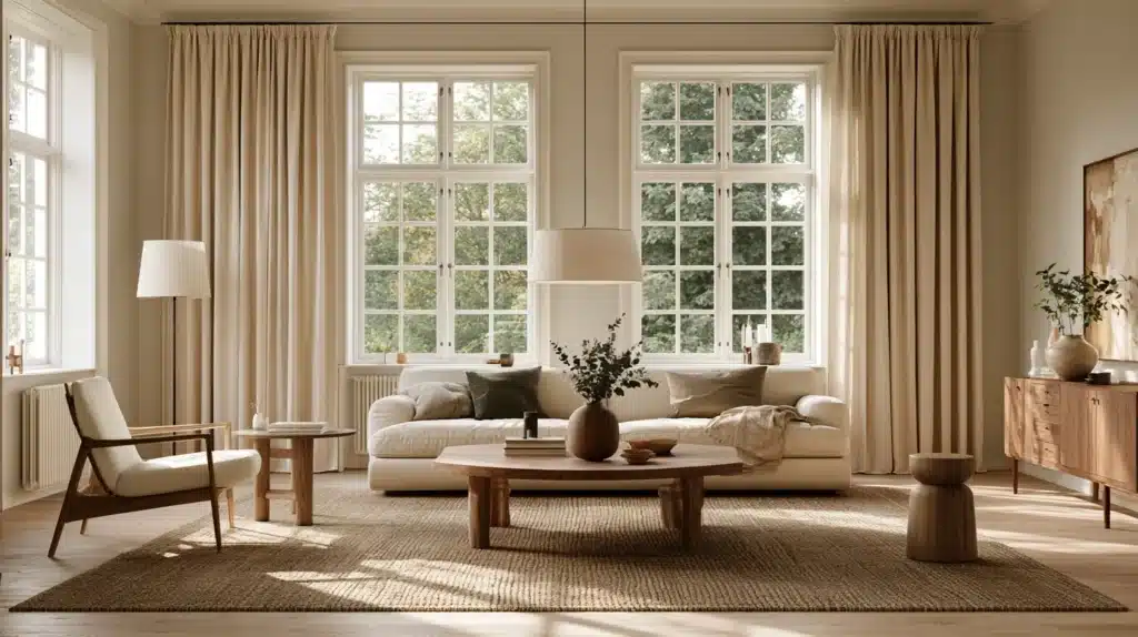 Lyse beige stofgardiner i en elegant stue med store sprossevinduer, sofa og træmøbler.