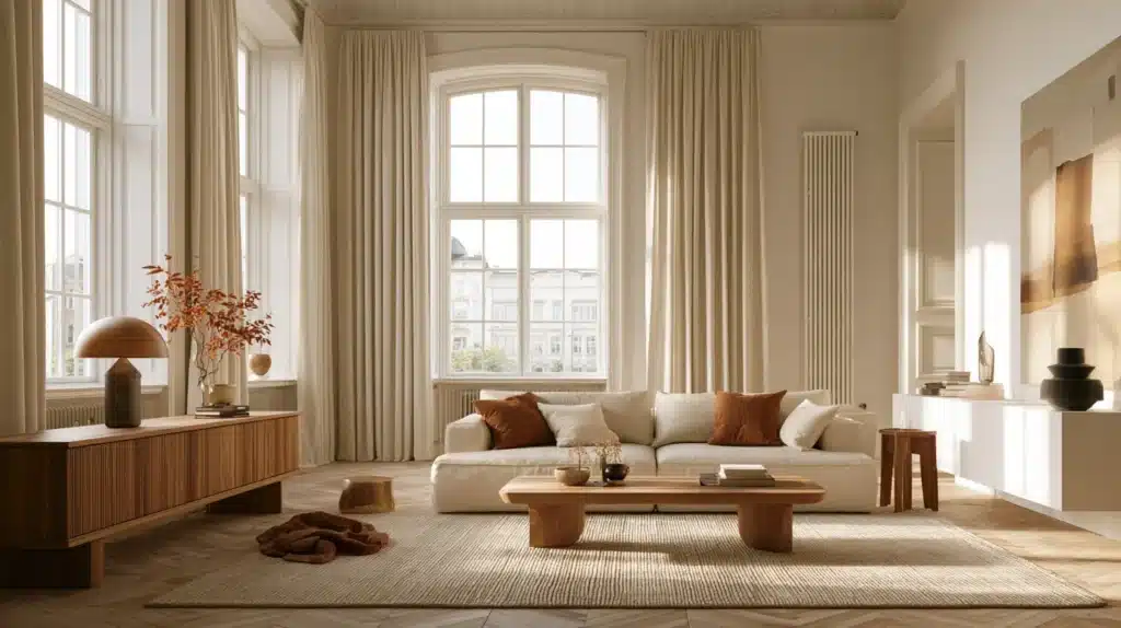 Lyse stofgardiner i en elegant stue med højt buet vindue, sofa og lave træmøbler.