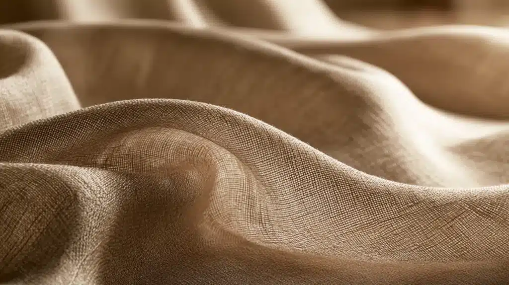Nærbillede af beige stofgardin med tydelig vævestruktur og bløde, bølgende folder.