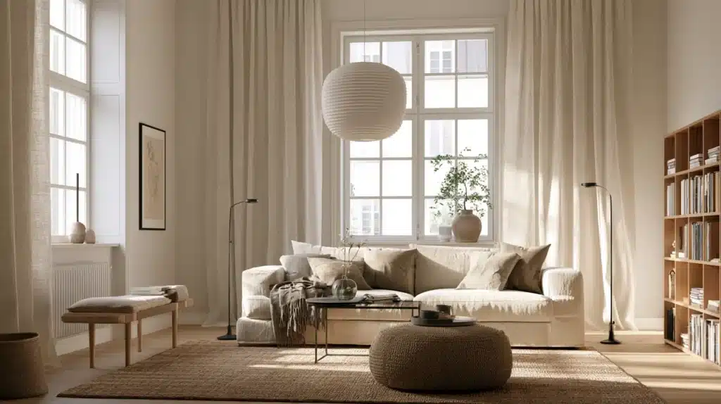 Lyse tunge gardiner ved store vinduer i en nordisk indrettet stue med sofa og reol.