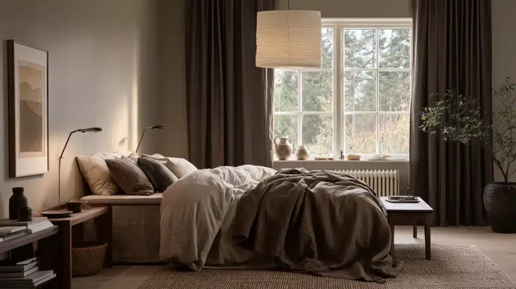 Mørke tunge gardiner omkring et vindue i et varmt indrettet soveværelse.
