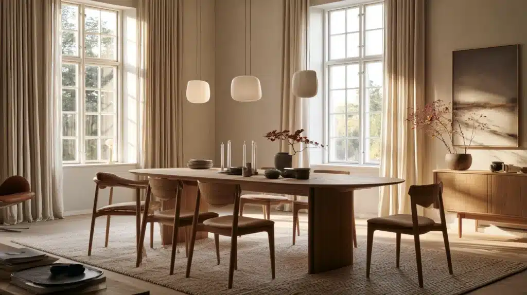 Beige tunge gardiner i en elegant spisestue med træbord og store vinduer.