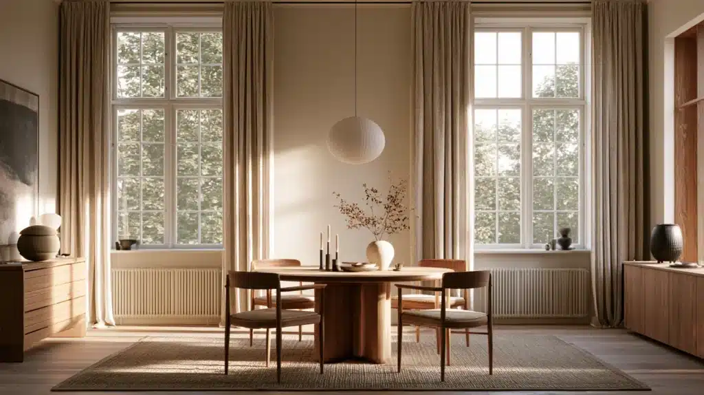 Spisestue med beige gardiner omkring to store vinduer, træbord og stole i varme naturfarver.