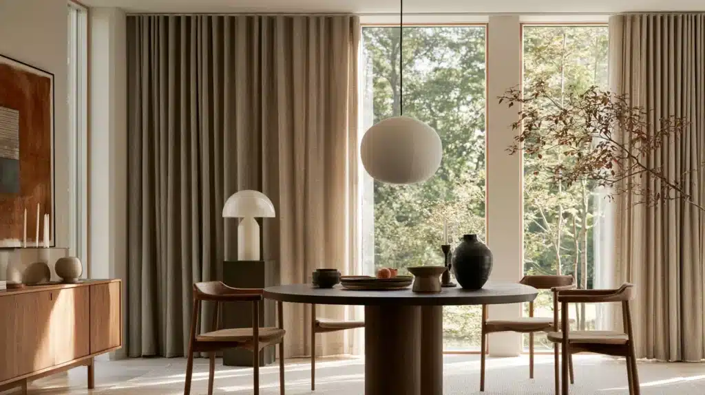Spisestue med mørkere beige gardiner på hver side af et stort vindue samt rundt spisebord.