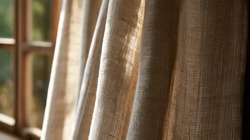 Nærbillede af lyst beige gardinstof ved et vindue, hvor stoffets fine vævning er synlig.