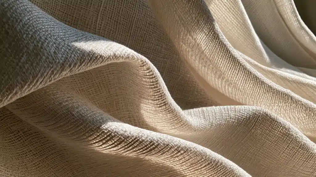 Nærbillede af beige gardinstof med tydelig vævet struktur og bløde folder.