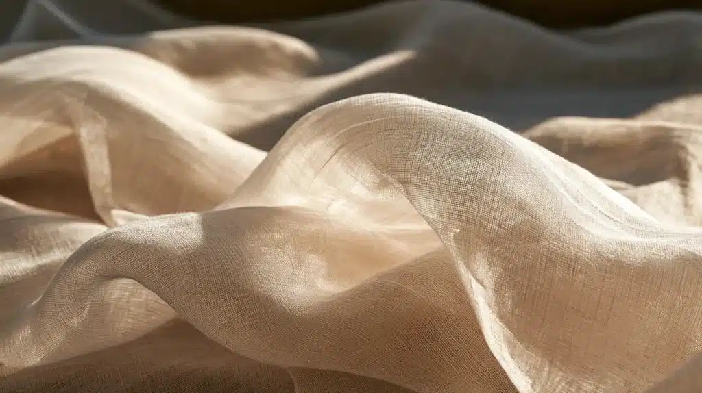 Nærbillede af et tyndt, beige gardinstof med bløde folder og varmt naturligt lys.