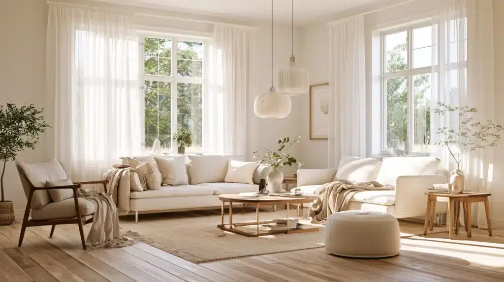 Lys stue med sofa, sofabord, planter og tynde gardiner foran flere store vinduer.