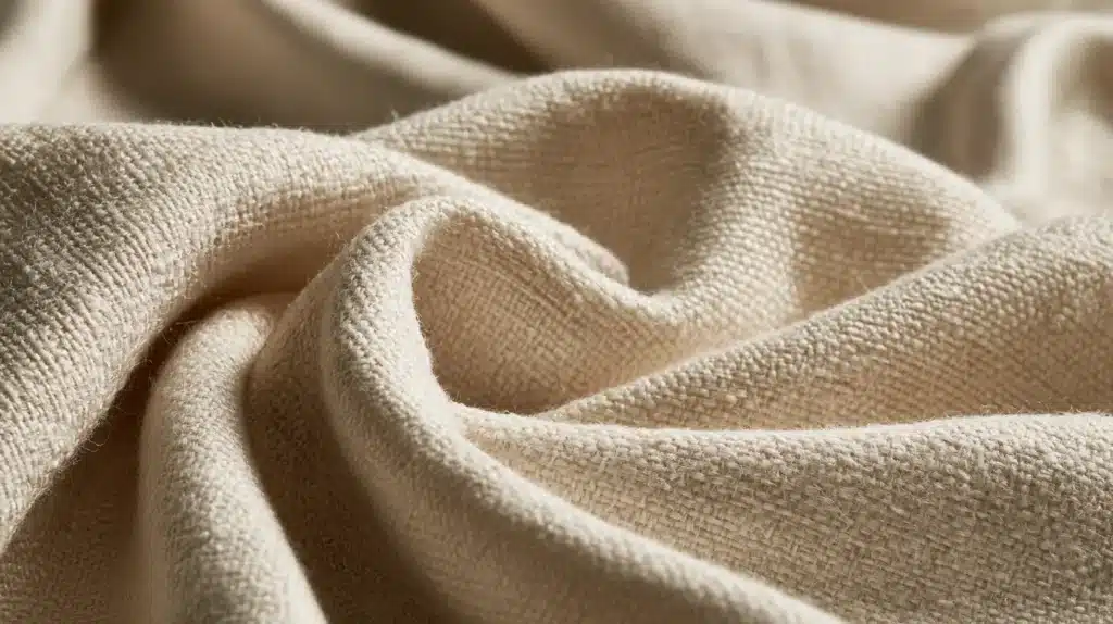 Nærbillede af lyst beige uldstof med en grov, naturlig vævning og bløde folder i stoffet.