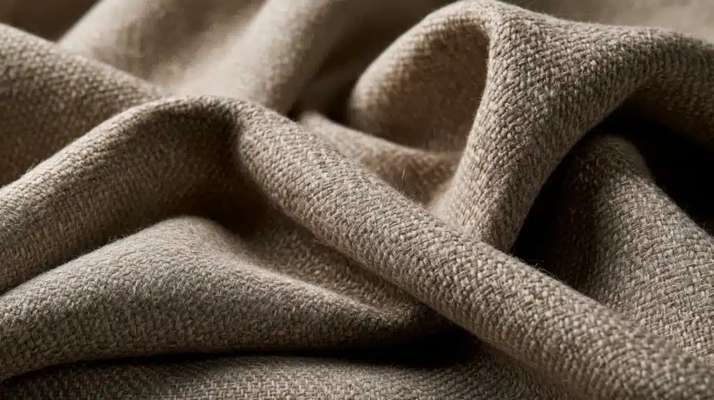 Nærbillede af kraftigt uldstof i en varm beige nuance med tydelig, tæt vævning og bløde folder.