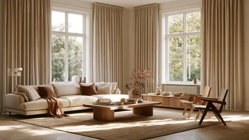 Lys stue med store vinduer, lange beige uldgardiner, sofaer, sofabord og varmt dagslys.
