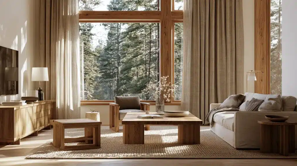 Stue med store træindrammede panoramavinduer, lange beige gardiner, sofaer og udsigt til træer.