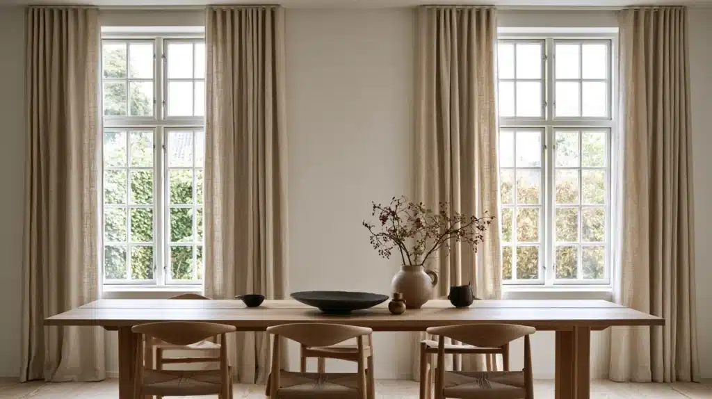 Lys spisestue med beige uldgardiner ved to høje sprossede vinduer og et langt spisebord.