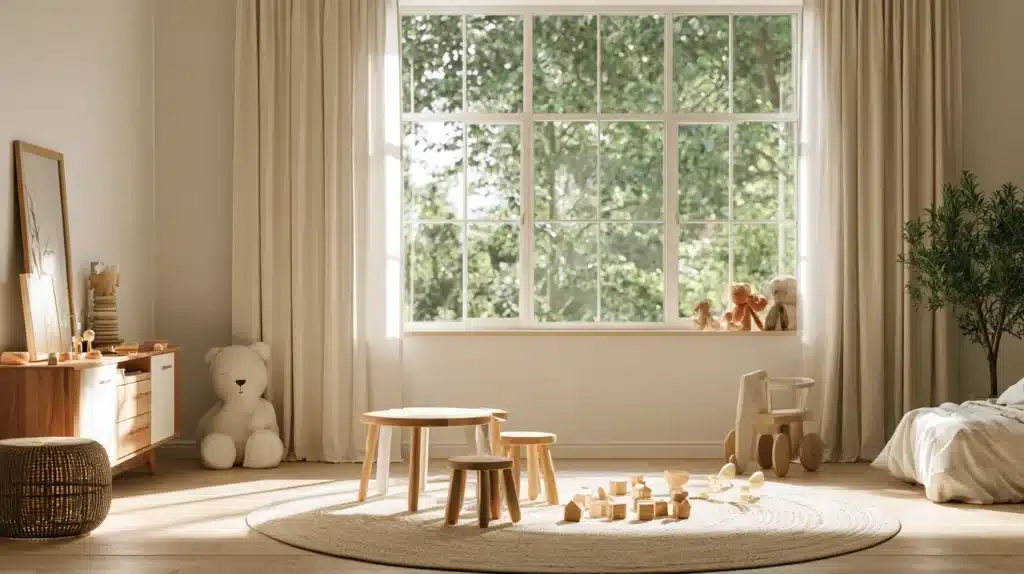Lyse børnegardiner ved et stort vindue i et legeområde med bord, legetøj og bamse.