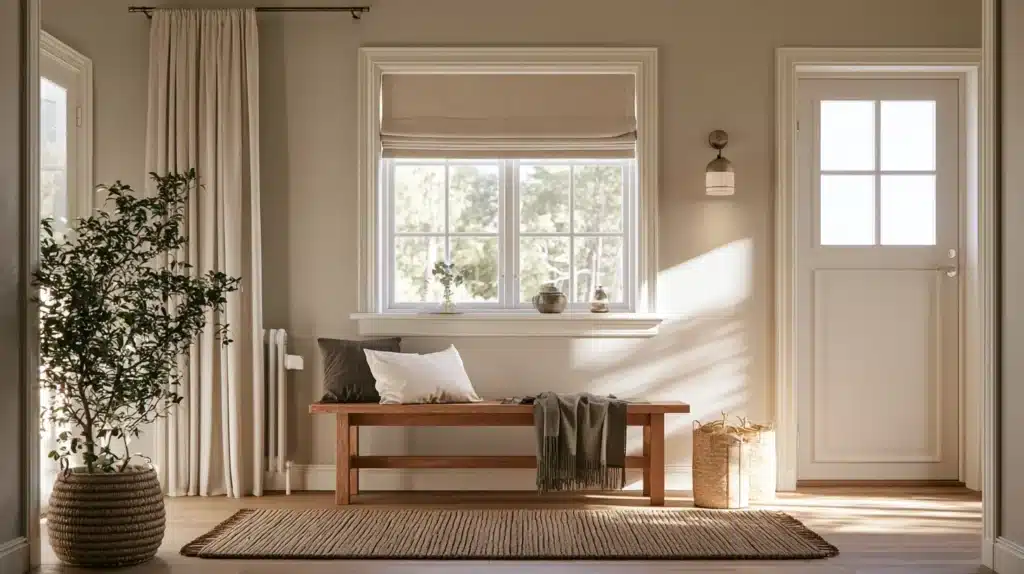 Lys entré med lange beige gardiner og et matchende rullegardin omkring et stort vindue.
