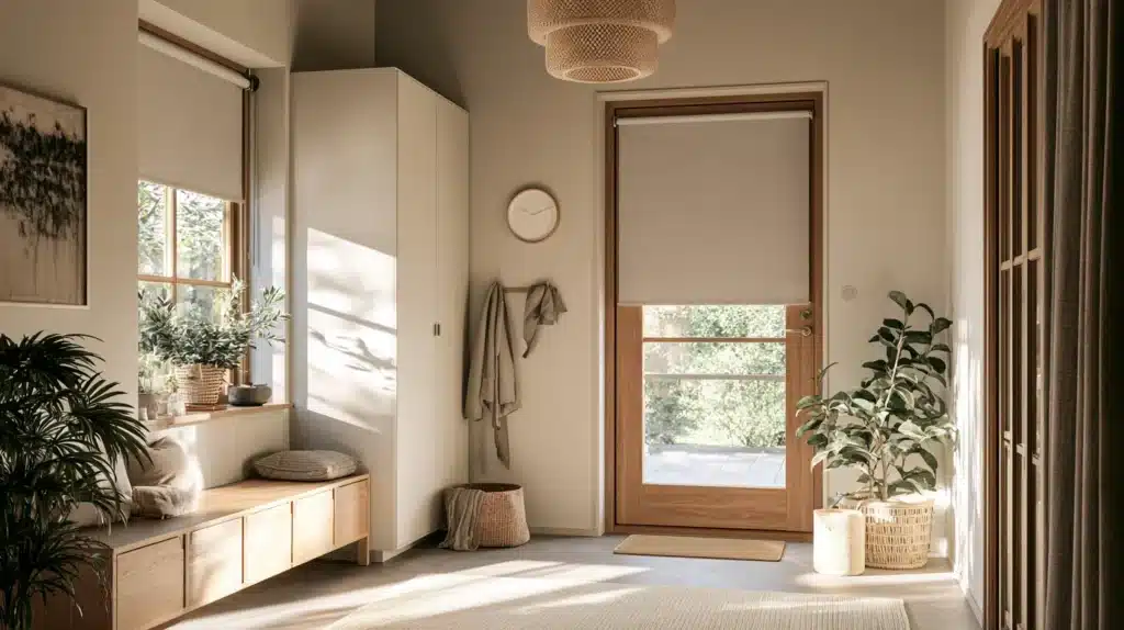Entré med trædør med glasparti og et beige rullegardin, der skærmer for lyset.